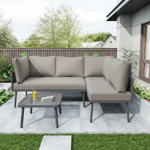 Grijze tuinset bestaande uit 2 banken, een tafel, 2 zitkussens en 6 kussens