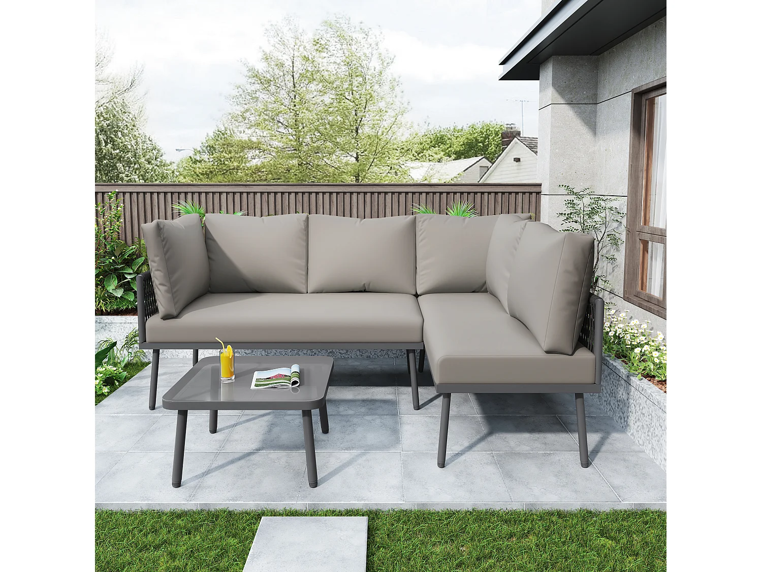 Grijze tuinset bestaande uit 2 banken, een tafel, 2 zitkussens en 6 kussens