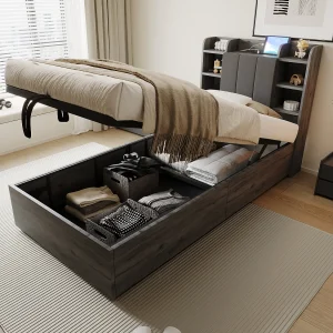 Grijs eenpersoonsbed met opbergruimte 90x200cm met USB en Type-C, hoofdbord met opbergruimte, zonder matras