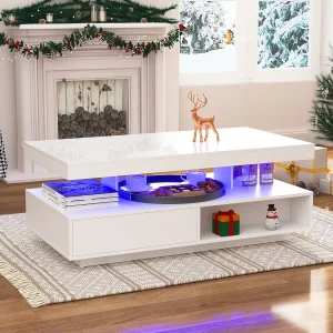 Glanzend witte salontafel met aangesloten ledverlichting en slimme opbergruimte