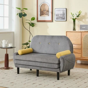 Grijze corduroy slaapbank, 2 zitplaatsen met opbergruimte, slaapbank en relax (133,5x77x85cm)