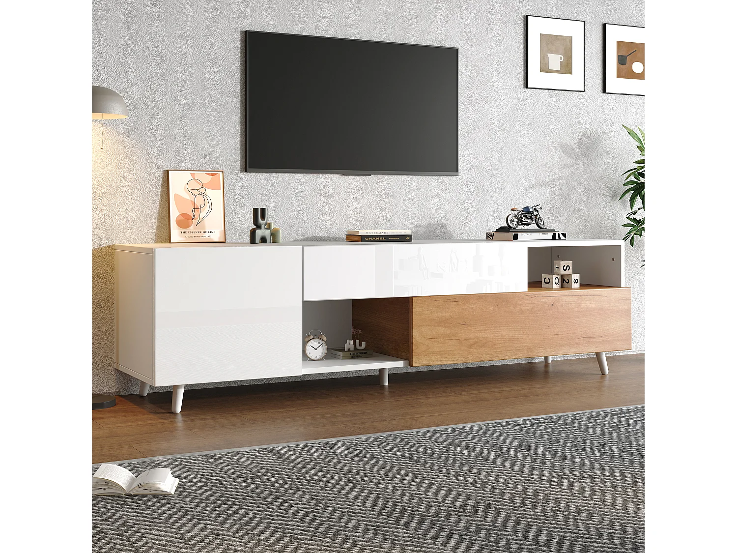 High-end design tv-meubel, 7 opbergvakken, spaanplaat, met 1 lade en 1 draaideur (180x38x50cm)