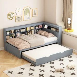 Grijs slaapbank 90x200cm met uitschuifbed 90x190cm, met USB-aansluiting en meerdere opbergruimtes, zonder matras Grijs slaapbank 90x200cm met uitschuifbed 90x190cm, met USB-aansluiting en meerdere opbergruimtes, zonder matras