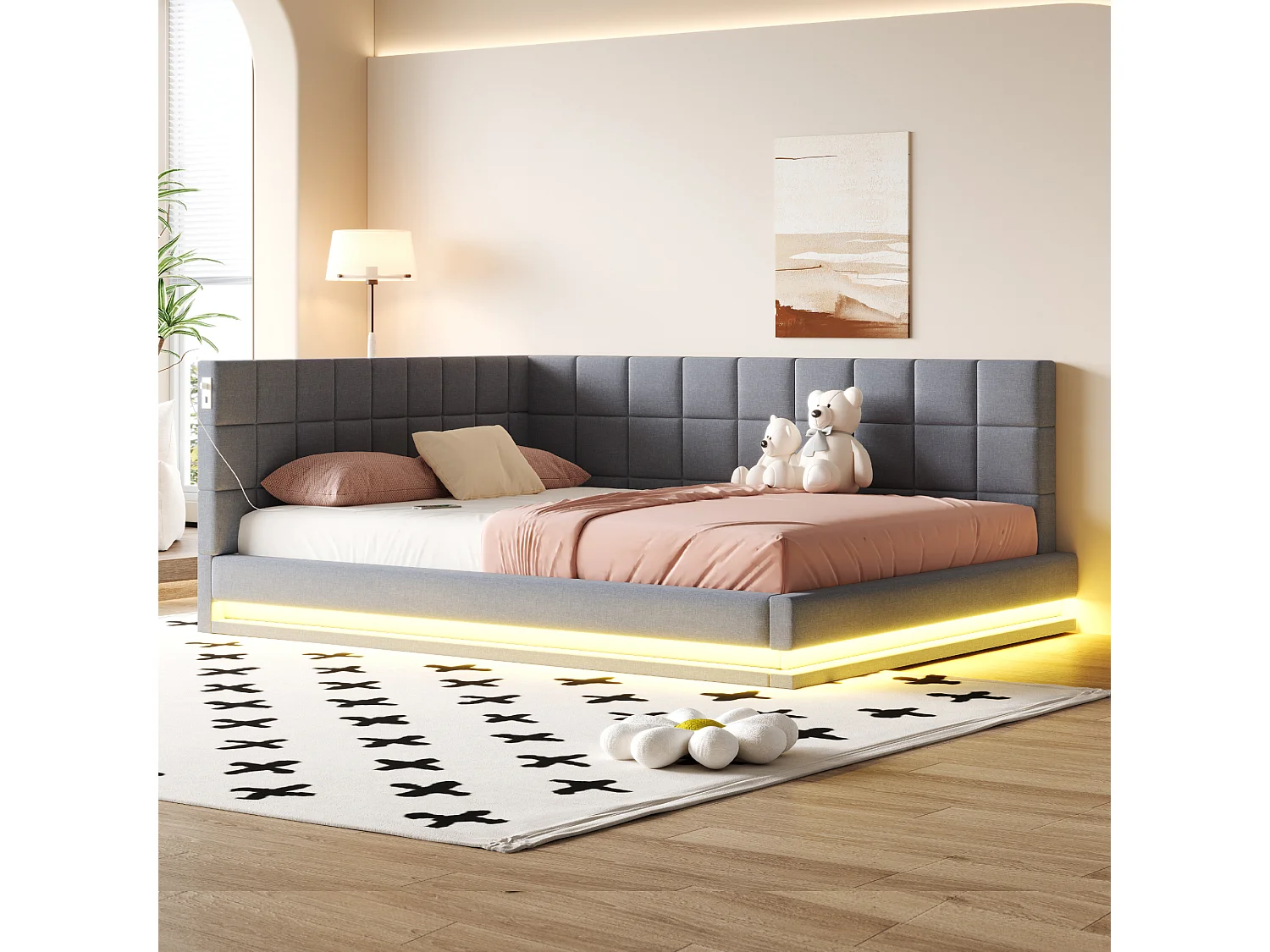 Grijs daybed 160x200 cm met ledverlichting, USB-aansluiting en lattenbodem, zonder matras