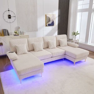 Hoekbank fluweel – Hoekbank met LED-verlichting en 4 kussens – USB-aansluiting en armleuningen – beige