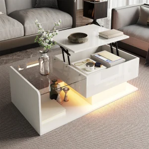 Glanzend witte salontafel – Salontafel met LED-verlichting en glazen blad – verstelbaar blad