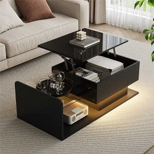 Glanzend zwarte salontafel – Salontafel met LED-verlichting en glazen blad – verstelbaar blad