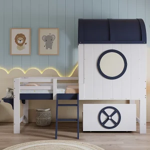 Halfhoog bed voor kinderen 90 x 200 cm, met baldakijn en raam, lades, schuine ladder, wit + donkerblauw Halfhoog bed voor kinderen 90 x 200 cm, met baldakijn en raam, lades, schuine ladder, wit + donkerblauw