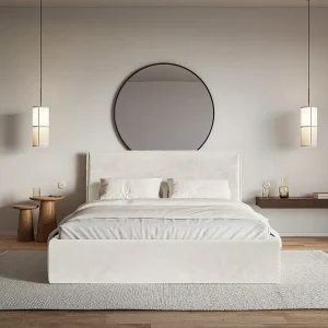 Gestoffeerd bed met opbergruimte – 140×200 cm – greige – waterafstotende velours – SOFTIE SLIM