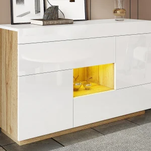 Glanzend buffet 120×37×76,5 cm – LED-verlichting – 2 laden en 2 deuren – Open planken – Wit + Natuur Glanzend buffet 120×37×76,5 cm – LED-verlichting – 2 laden en 2 deuren – Open planken – Wit + Natuur