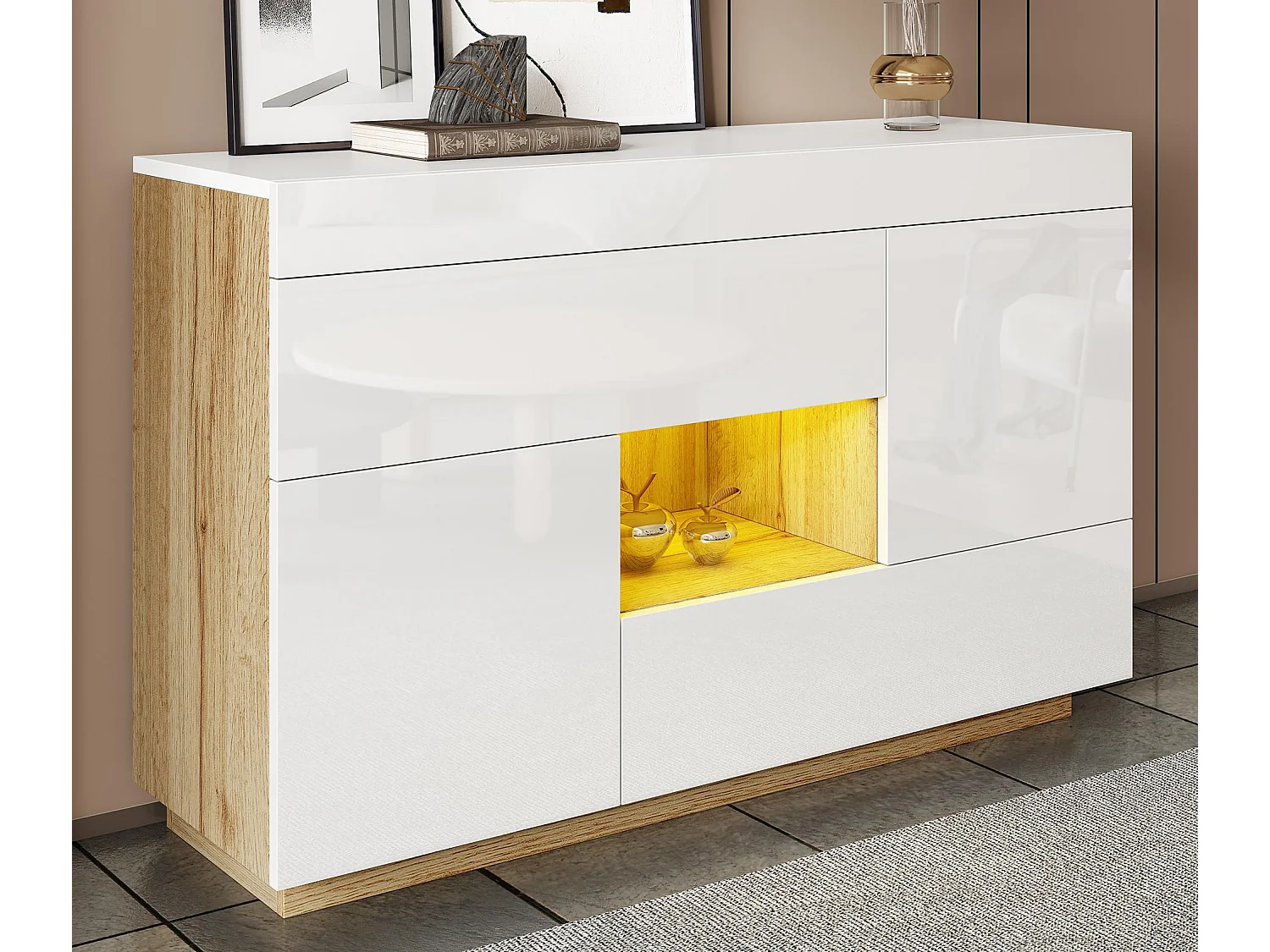 Glanzend buffet 120×37×76,5 cm - LED-verlichting - 2 laden en 2 deuren - Open planken - Wit + Natuur