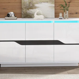 Glanzend buffet 140×40×76 cm – 3 deuren – met LED-verlichting – met verstelbare planken – spaanplaat – wit Glanzend buffet 140×40×76 cm – 3 deuren – met LED-verlichting – met verstelbare planken – spaanplaat – wit