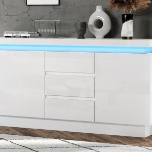 Glanzend buffet 140×35×72 cm – 2 deuren en 3 laden – met LED-verlichting – met verstelbare planken – wit Glanzend buffet 140×35×72 cm – 2 deuren en 3 laden – met LED-verlichting – met verstelbare planken – wit