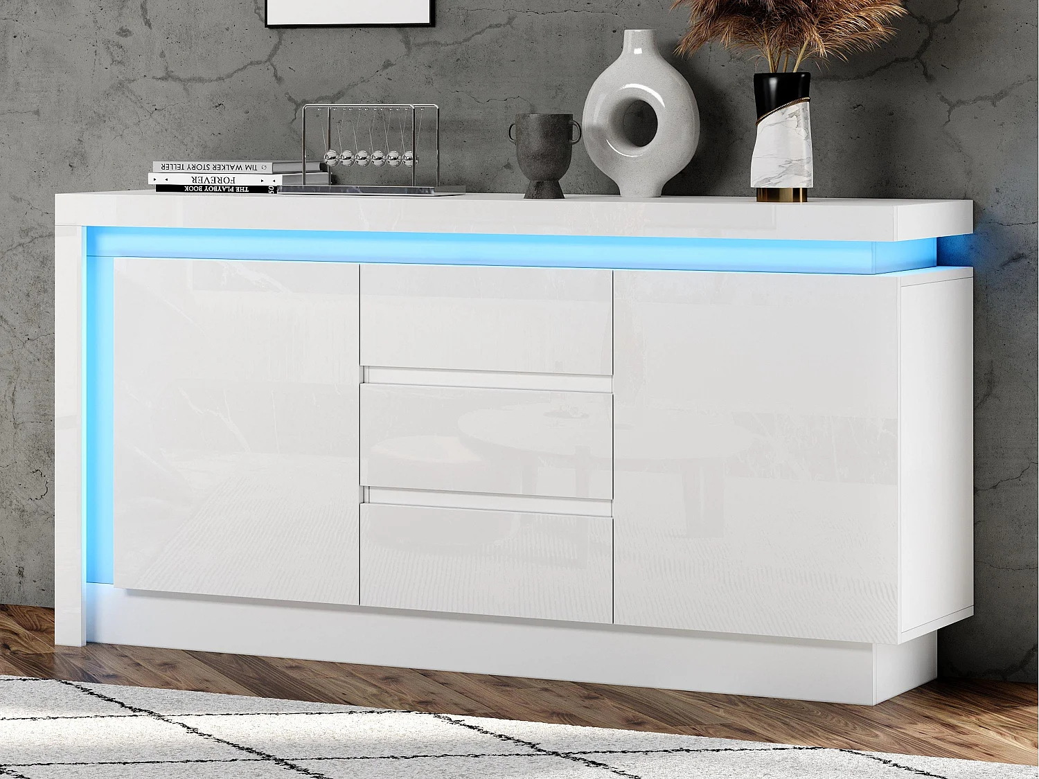 Glanzend buffet 140×35×72 cm - 2 deuren en 3 laden - met LED-verlichting - met verstelbare planken - wit