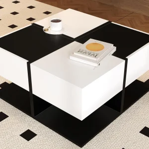 Glanzende salontafel 70×70×35,5 cm – vierkant – met 2 laden – spaanplaat – zwart en wit