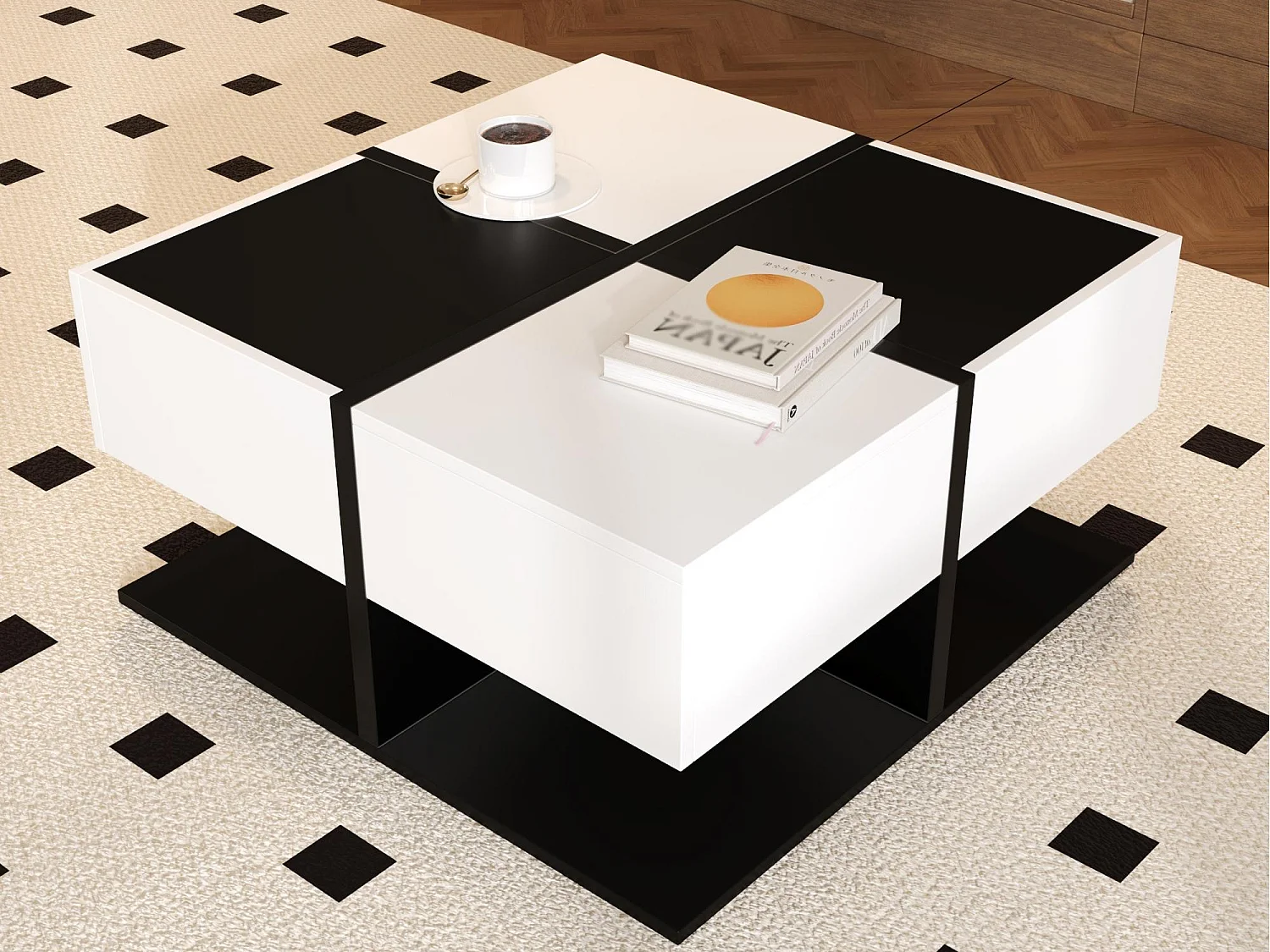 Glanzende salontafel 70×70×35,5 cm - vierkant - met 2 laden - spaanplaat - zwart en wit