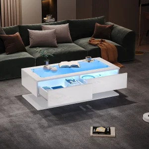 Glanzende salontafel – 100 x 50 x 35 cm – met 2 lades + LED's – glazen blad – spaanplaat – wit