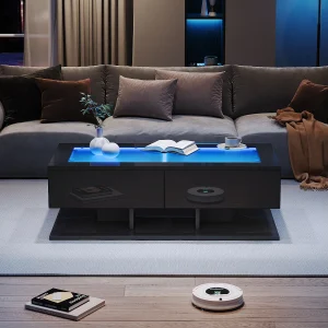 Glanzende salontafel – 100 x 50 x 35 cm – met 2 lades + LED's – glazen blad – spaanplaat – zwart