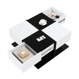 Glanzende salontafel – 70 x 70 x 35,5 cm – met 2 lades – spaanplaat – wit + zwart