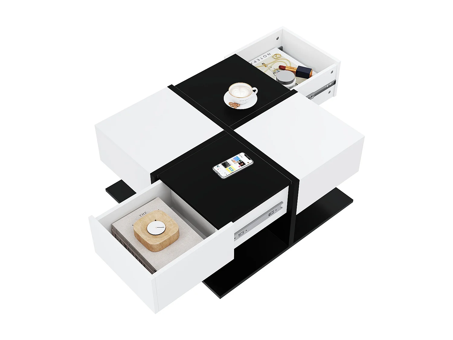 Glanzende salontafel - 70 x 70 x 35,5 cm - met 2 lades - spaanplaat - wit + zwart