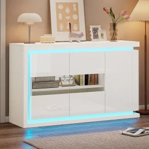 Glanzende woonkamerkast – 140 x 40 x 84 cm – met 3 deuren + LED's – spaanplaat + glas – wit
