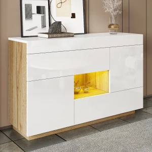 Glanzend dressoir voor de woonkamer – 120 x 37 x 76,5 cm – met LED's + 2 lades + 2 deuren – spaanplaat – wit