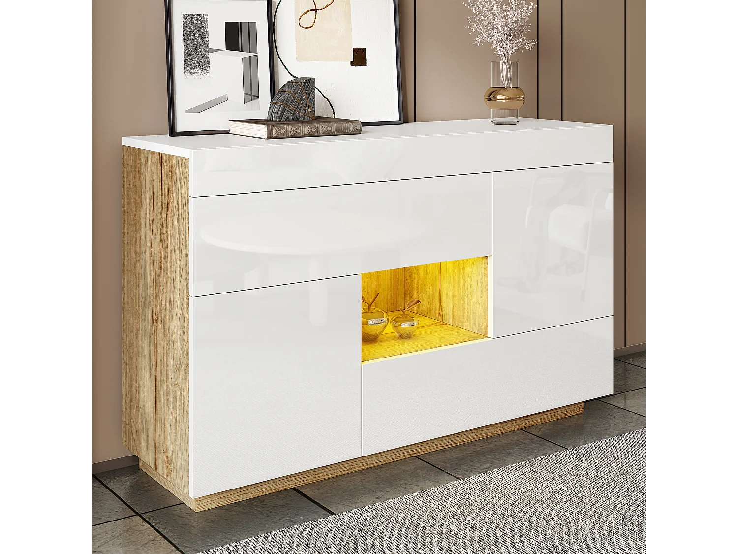 Glanzend dressoir voor de woonkamer - 120 x 37 x 76,5 cm - met LED's + 2 lades + 2 deuren - spaanplaat - wit