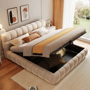 Gestoffeerd opbergbed – 140 x 200 cm – royaal en stevig hoofdeinde en zijkanten – fluweel – beige Gestoffeerd opbergbed – 140 x 200 cm – royaal en stevig hoofdeinde en zijkanten – fluweel – beige