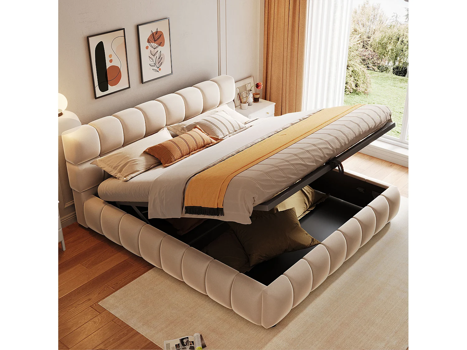 Gestoffeerd opbergbed - 140 x 200 cm - royaal en stevig hoofdeinde en zijkanten - fluweel - beige
