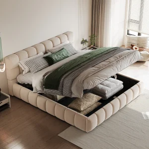 Gestoffeerd opbergbed – 140 x 190 cm – royaal en stevig hoofdeinde en zijkanten – fluweel – beige Gestoffeerd opbergbed – 140 x 190 cm – royaal en stevig hoofdeinde en zijkanten – fluweel – beige