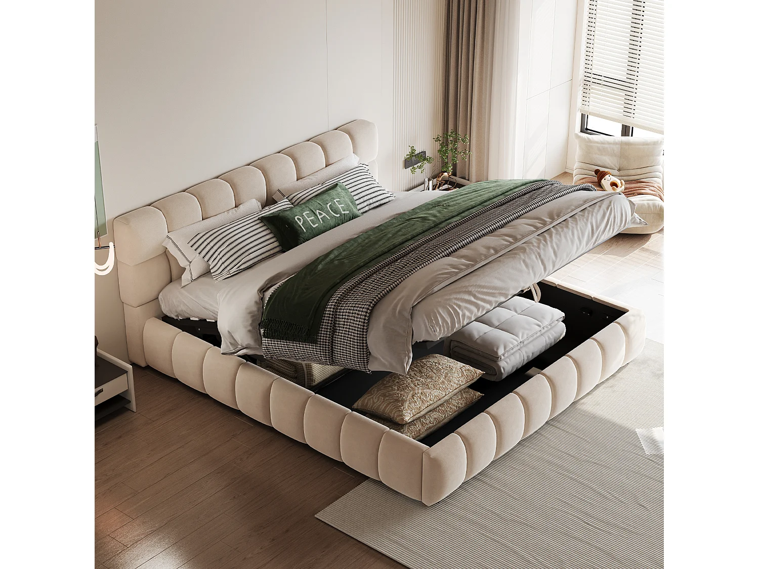 Gestoffeerd opbergbed - 140 x 190 cm - royaal en stevig hoofdeinde en zijkanten - fluweel - beige