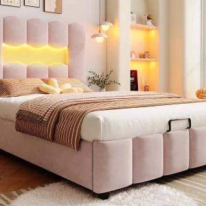 Gestoffeerd opbergbed 90×200 cm – met LED-verlichting – verstelbaar hoofdeinde – fluweel – roze (matras niet inbegrepen) Gestoffeerd opbergbed 90×200 cm – met LED-verlichting – verstelbaar hoofdeinde – fluweel – roze (matras niet inbegrepen)