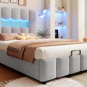 Gestoffeerd opbergbed 90×200 cm – met LED-verlichting – verstelbaar hoofdeinde – fluweel – grijs (matras niet inbegrepen Gestoffeerd opbergbed 90×200 cm – met LED-verlichting – verstelbaar hoofdeinde – fluweel – grijs (matras niet inbegrepen