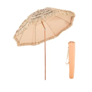 Hawaiiaanse Parasol SucceBuy, 2,4 m Kantelbare Exotische Parasol met Rieten Dak PP, 8 Metalen Baleinen, voor Strand, Terras, Zwembad, Tuin