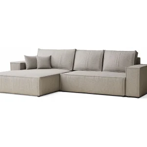 Hoekbank met slaapfunctie Maze in geweven stof – Vijfpersoons – beige