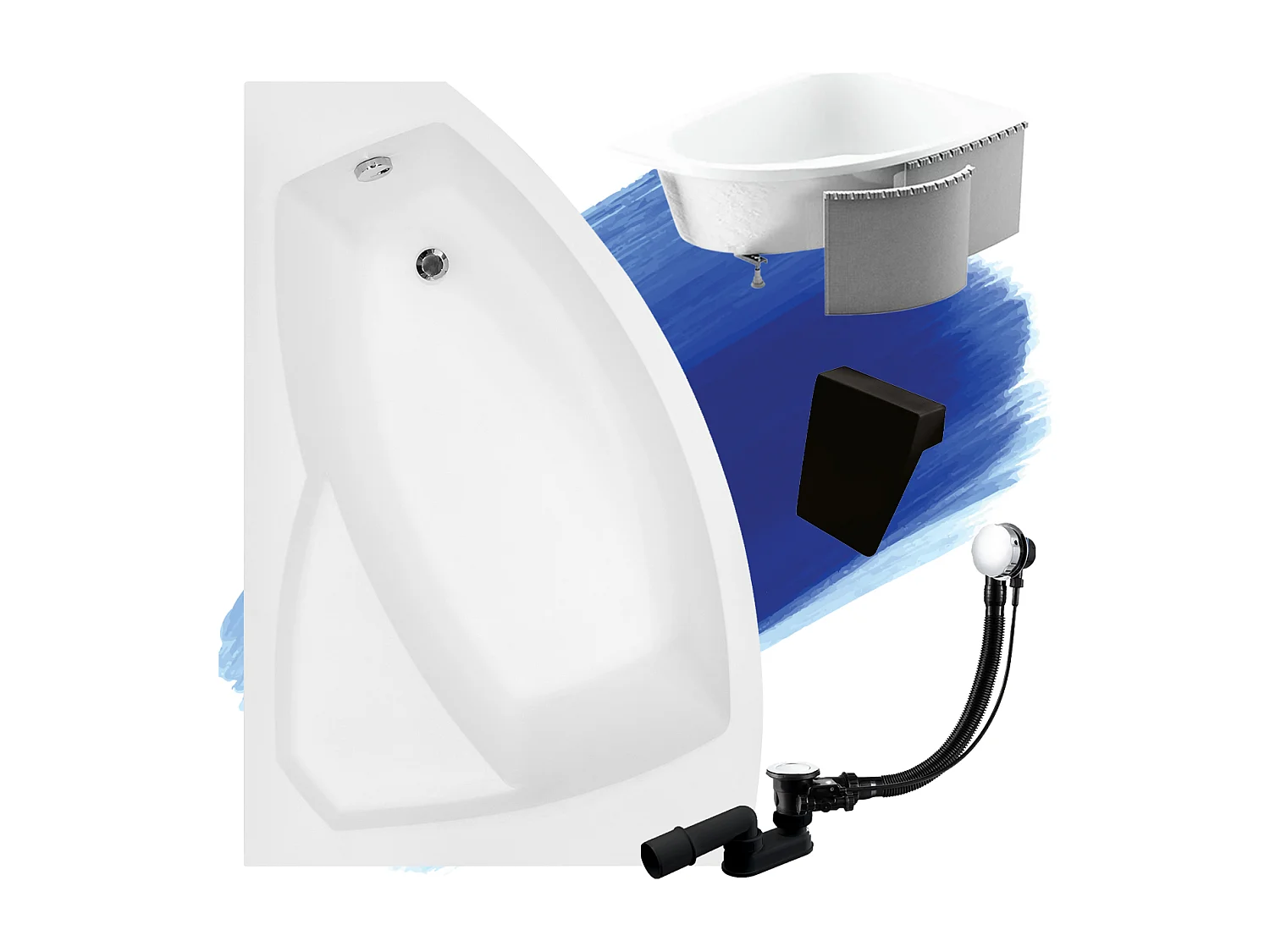 Hoekbadkuip RIMA 130x85 links met piepschuim bekleding en zwarte hoofdsteunen | Afvoer & voeten GRATIS!