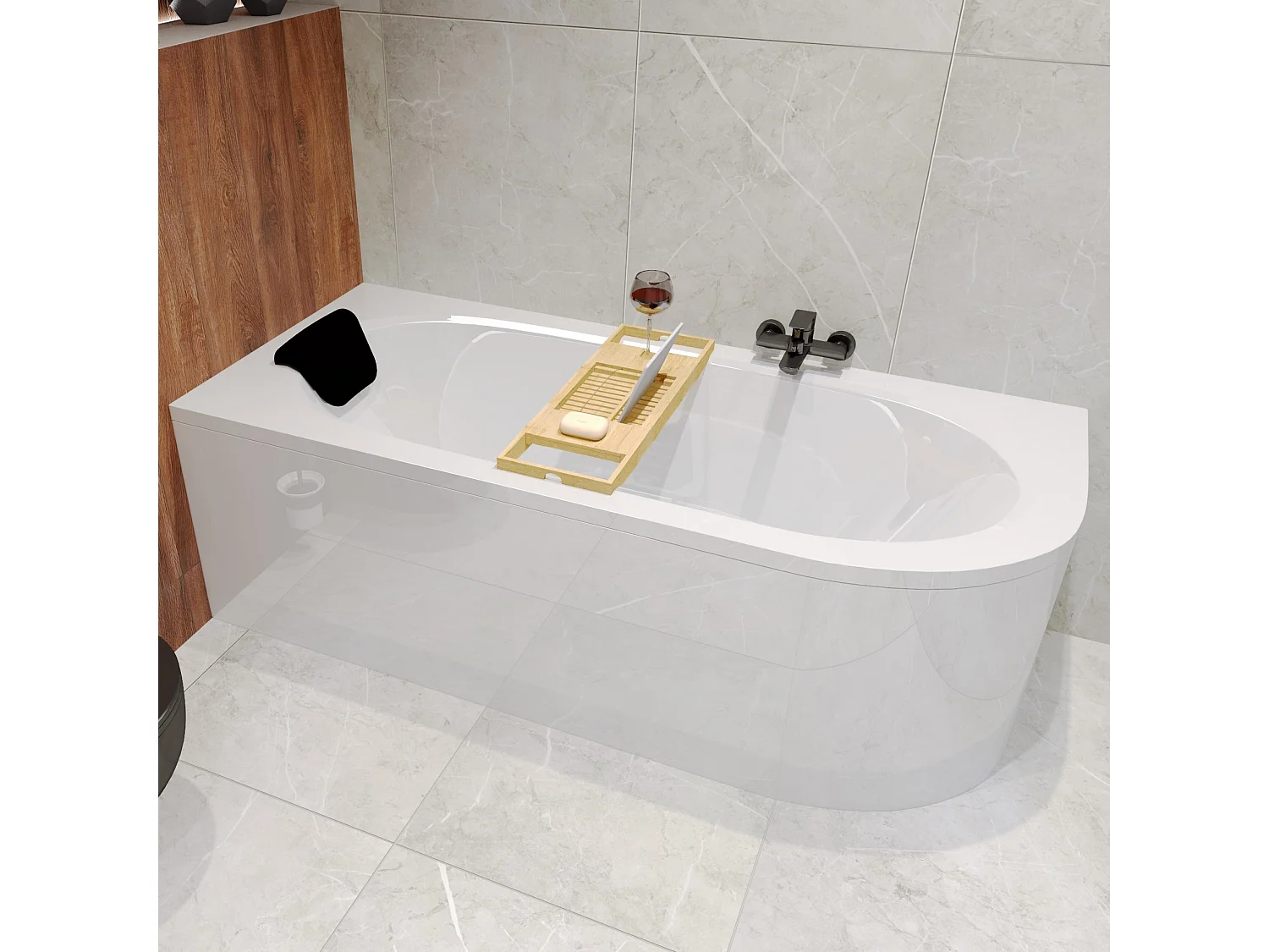 Hoekbad AVITA 170x75 links + bamboe badrek + hoofdsteun KODI | Afvoer & voeten GRATIS!