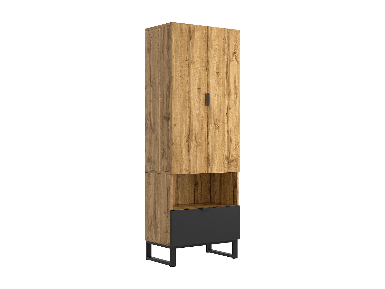 Halkast met lade, verstelbare planken en kledingrek, spaanplaat, naturel en zwart (180x38x65 cm)