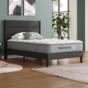 Gestoffeerd jeugdbed – 90 x 200 cm – met lattenbodem + hoofdbord – linnen – grijs (met matras)