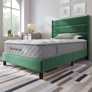 Gestoffeerd jeugdbed – 90 x 200 cm – met lattenbodem + hoofdbord – linnen – groen (met matras)