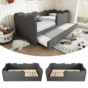 Gestoffeerde slaapbank – 90 x 190 cm – met uitschuifbed 90 x 190 cm + lattenbodem – linnen – grijs Gestoffeerde slaapbank – 90 x 190 cm – met uitschuifbed 90 x 190 cm + lattenbodem – linnen – grijs