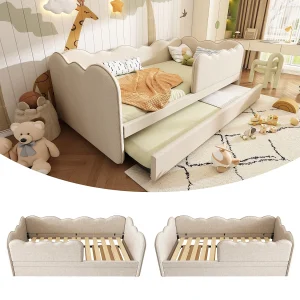 Gestoffeerde slaapbank – 90 x 190 cm – met uitschuifbed 90 x 190 cm + lattenbodem – linnen – beige Gestoffeerde slaapbank – 90 x 190 cm – met uitschuifbed 90 x 190 cm + lattenbodem – linnen – beige