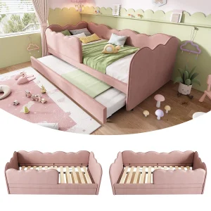 Gestoffeerde slaapbank – 90 x 190 cm – met uitschuifbed 90 x 190 cm + lattenbodem – linnen – roze Gestoffeerde slaapbank – 90 x 190 cm – met uitschuifbed 90 x 190 cm + lattenbodem – linnen – roze