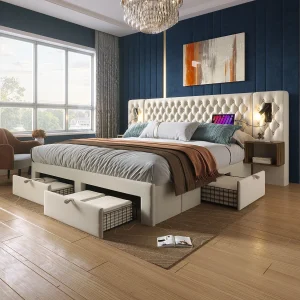 Gestoffeerd tweepersoonsbed – 160 x 200 cm – met 2 nachtkastjes + 4 lades + hoofdeindelamp – fluweel – beige Gestoffeerd tweepersoonsbed – 160 x 200 cm – met 2 nachtkastjes + 4 lades + hoofdeindelamp – fluweel – beige
