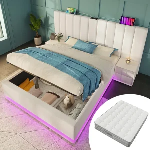 Gestoffeerd opbergbed – 180 x 200 cm – met LED's + USB + Hoofdbord – linnen – wit (met matras) Gestoffeerd opbergbed – 180 x 200 cm – met LED's + USB + Hoofdbord – linnen – wit (met matras)
