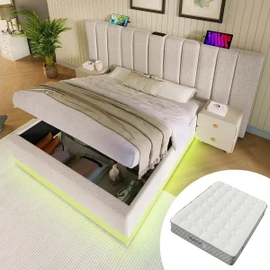 Gestoffeerd opbergbed – 180 x 200 cm – met LED's + USB + Hoofdbord – linnen – beige (met matras) Gestoffeerd opbergbed – 180 x 200 cm – met LED's + USB + Hoofdbord – linnen – beige (met matras)