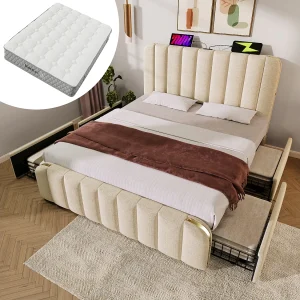 Gestoffeerd tweepersoonsbed – 180 x 200 cm – met hoofdbord + USB + 4 lades – linnen – beige (met matras) Gestoffeerd tweepersoonsbed – 180 x 200 cm – met hoofdbord + USB + 4 lades – linnen – beige (met matras)