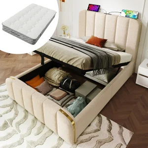 Gestoffeerd eenpersoonsbed – 90 x 200 cm – met hoofdbord + USB + hydraulische opbergruimte – linnen – beige (met matras)