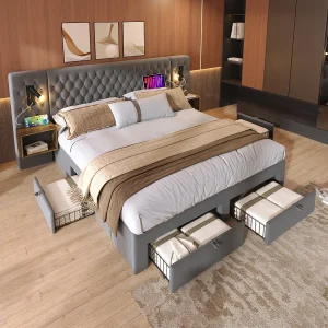 Gestoffeerd tweepersoonsbed – 160 x 200 cm – met 2 nachtkastjes + 4 lades + hoofdeindelamp – fluweel – grijs Gestoffeerd tweepersoonsbed – 160 x 200 cm – met 2 nachtkastjes + 4 lades + hoofdeindelamp – fluweel – grijs