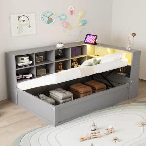 Grijze slaapbank 90×200 cm met ledverlichting, opbergvak en stopcontact (zonder matras)